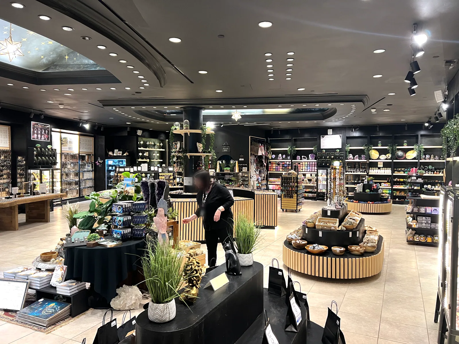The sales floor seen wide, hand-painted starfield ceiling above the central counter
