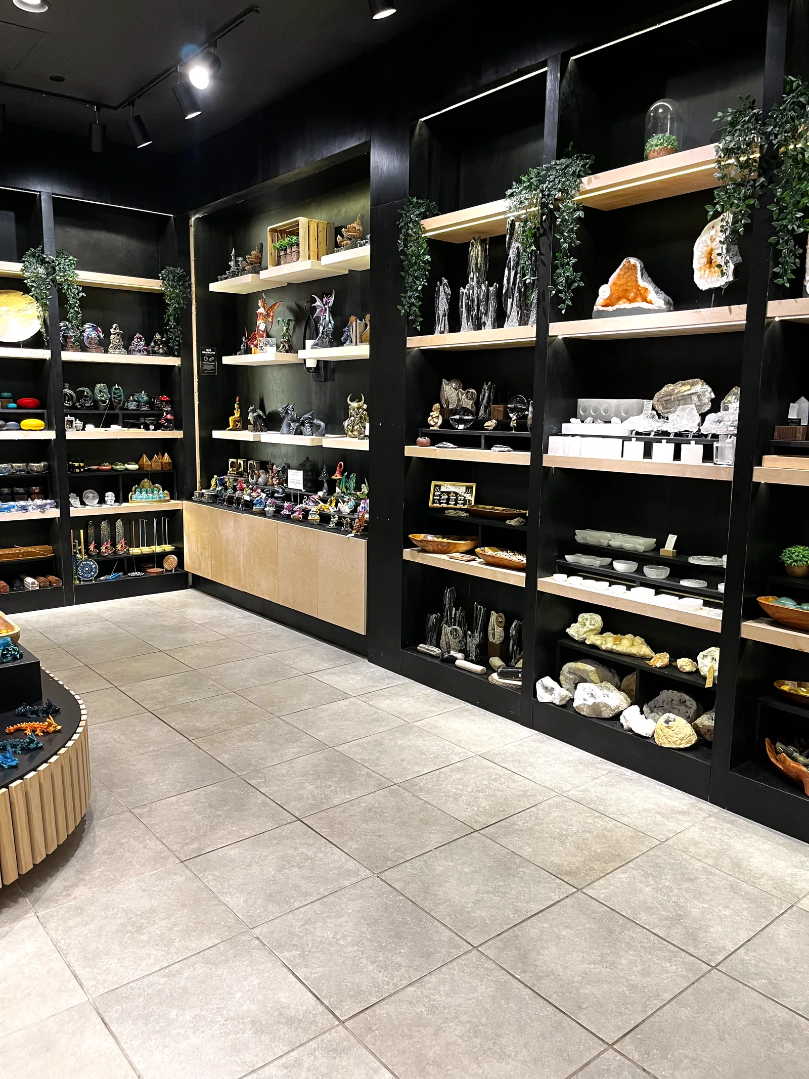 Floor-to-ceiling black shelving of mineral specimens under warm strip lighting